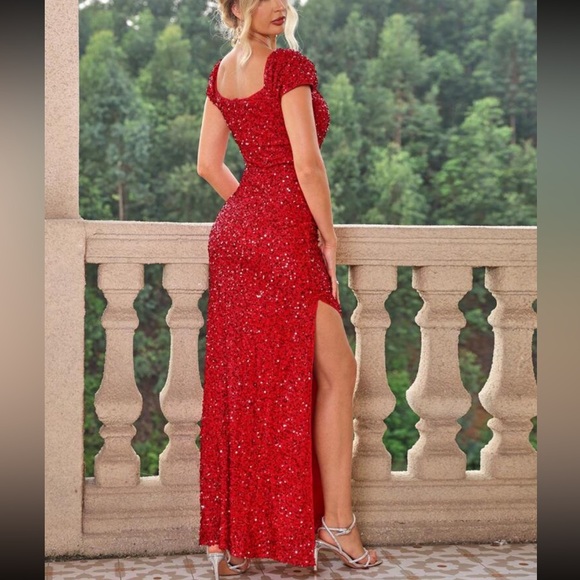 Luxe sweetheart neck slit thigh party formal sequins dress - Picture 7 of 16